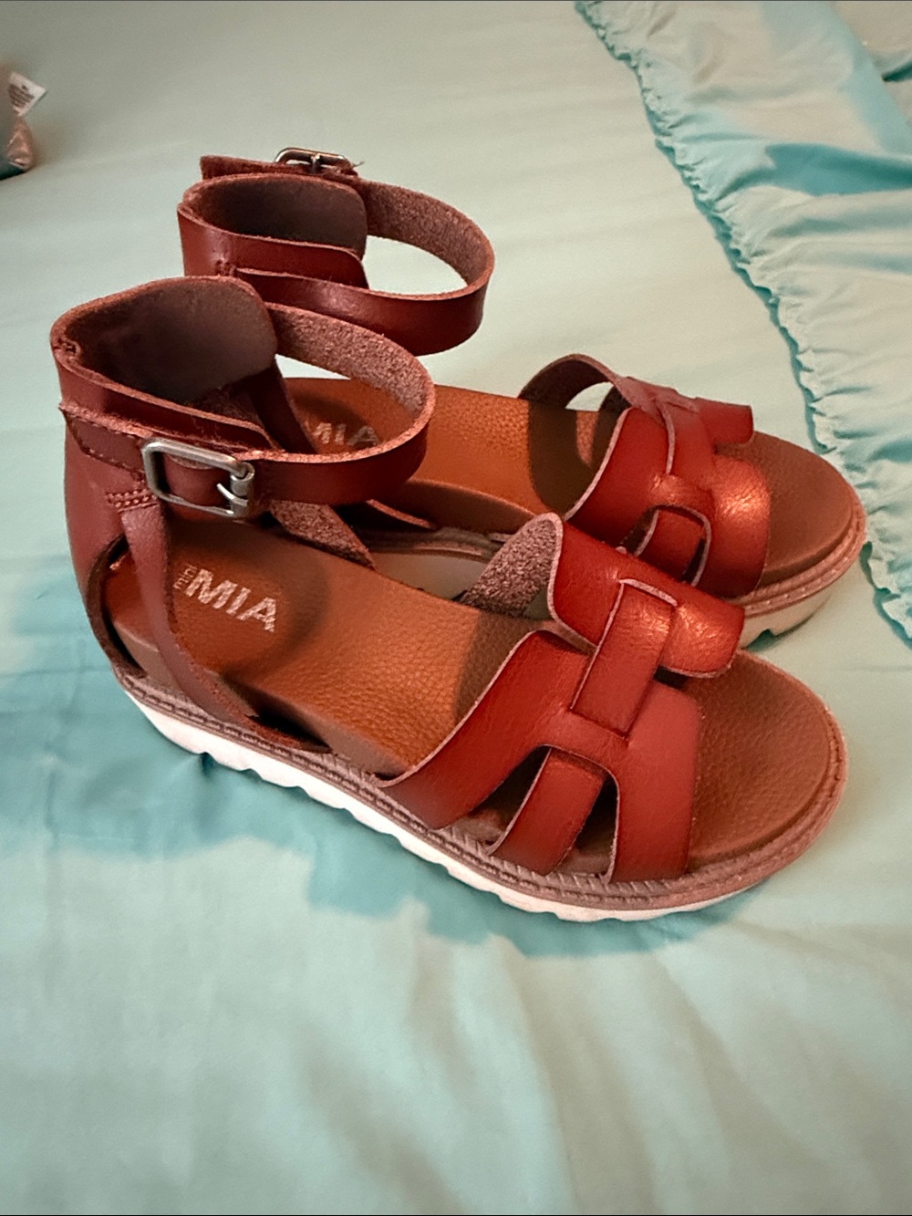 MIA Girls' Red Brown Strappy Ankle-Wrap Sandals